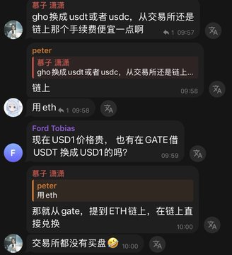 A Telegram chat conversation in Chinese discussing cryptocurrency exchange between USDC and USDT, with mentions of GATE and ETH chains.
