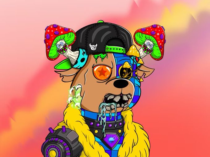 A colorful digital illustration of a cyborg dog with glowing mushrooms growing from its head, cybernetic eyes, and a mechanical jaw dripping liquid, set against a vibrant pink and orange background.
