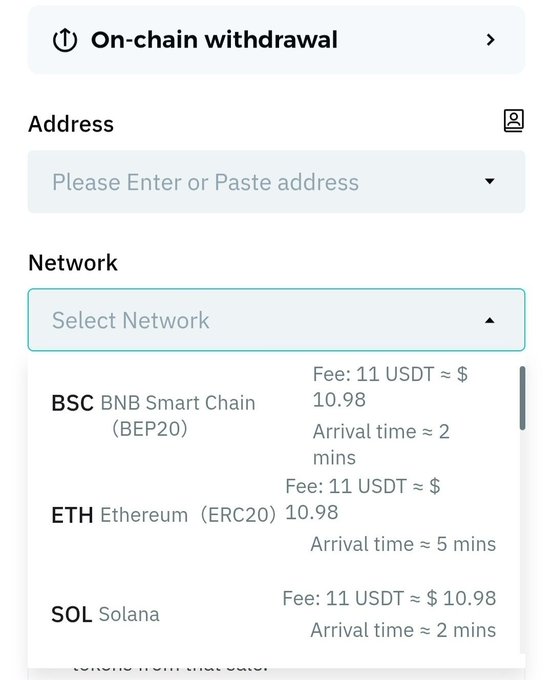 A cryptocurrency withdrawal interface showing address input field and network selection dropdown listing BSC (BEP20), ETH (ERC20), and Solana, each with fees around 11 USDT.