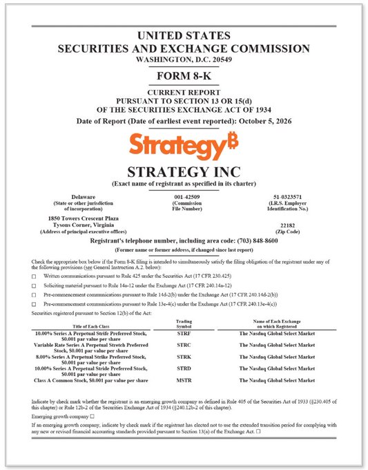 A SEC Form 8-K Current Report for Strategy Inc dated October 5, 2026, listing multiple stock classes including STRJ, STRC, STRK, STRD, and MSTR on the Nasdaq Global Select Market.