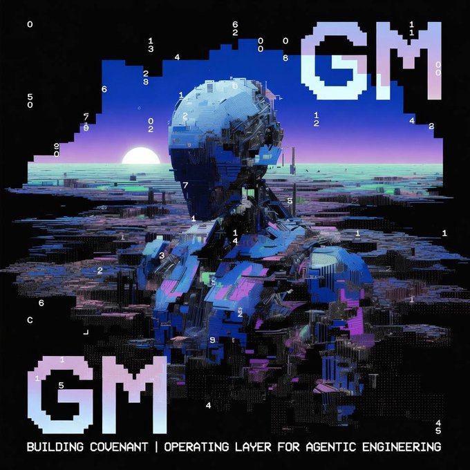A cyberpunk-style pixel art image showing a robotic head overlooking a futuristic cityscape at sunset, with the text 'GM' repeated and 'BUILDING COVENANT | OPERATING LAYER FOR AGENTIC ENGINEERING' at the bottom.