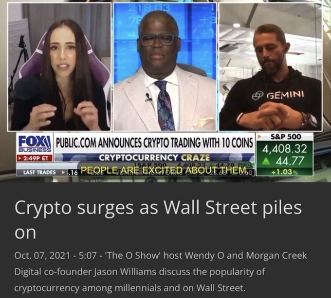 A Fox Business interview on "The O Show" features host Wendy O and Morgan Creek Digital co-founder Jason Williams discussing crypto adoption, with the segment headlined "Crypto surges as Wall Street piles on" alongside S&P 500 ticker (4,408.32, +44.77) and text noting Public.com's crypto trading launch with 10 coins—aligning with the post's bullish Bitcoin sentiment and promotion of ticker $TBB at 42c.