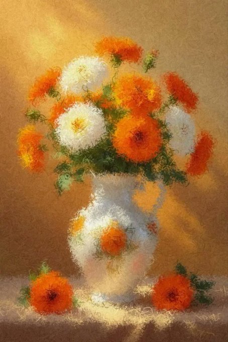 An impressionistic still-life painting features a bouquet of orange and white chrysanthemums or marigolds arranged in a white vase against a warm tan background, with a few fallen blooms on the surface.