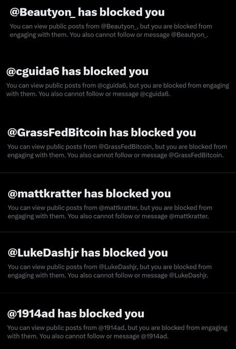 A screenshot of an X/Twitter notification list showing multiple users who have blocked the account, including @Beautyon_, @cguida6, @GrassFedBitcoin, @mattkratter, @LukeDashjr, and @1914ad.