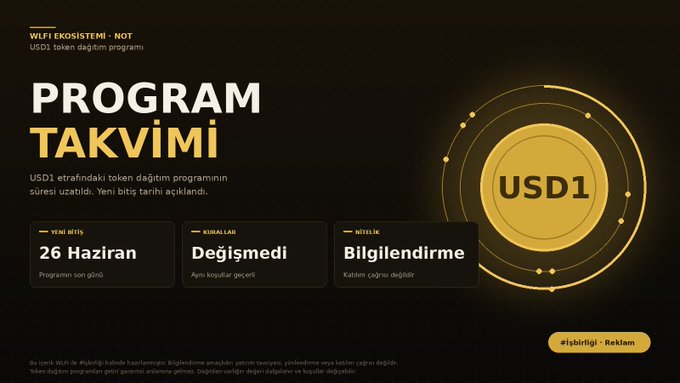 The image shows a black background with a gold circle containing a white dollar sign, surrounded by text that reads "Program Takvimi" and "USDC1". Below this, there are three bullet points explaining the program's purpose and how it works. The main takeaway is that the program distributes WLFI tokens to users holding USDC1 balances, with the share ending when all tokens have been distributed.