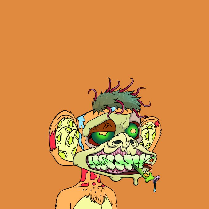 A distorted cartoon illustration of a grotesque, lumpy face with mismatched green eyes, sharp teeth, and spiky hair, holding a dripping object in its mouth against an orange background.