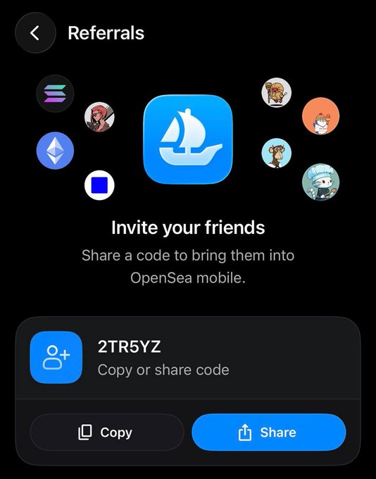 A mobile app screen for OpenSea Referrals showing the OpenSea logo surrounded by various NFT avatars, with the invite code '2TR5YZ' and buttons to 'Copy' or 'Share'.