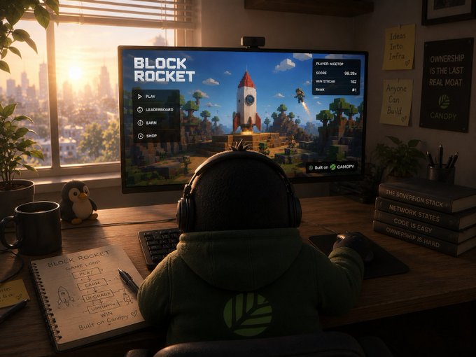 A gamer wearing headphones plays 'BLOCK ROCKET' on a monitor in a warmly lit room, with a notebook showing 'GAME LOOP' sketches and books titled with phrases like 'THE SOVEREIGN STACK' and 'OWNERSHIP IS HARD' nearby.