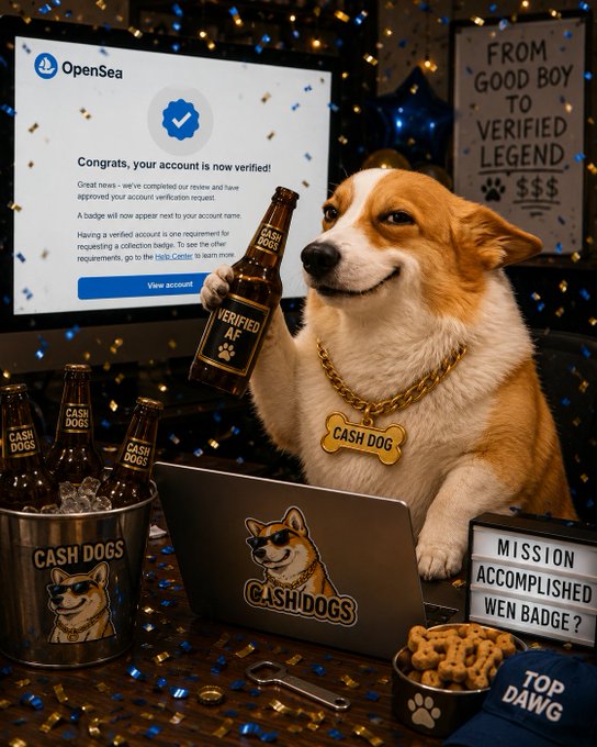 A corgi-themed promotional image showing a Corgi holding a 'Cash Dogs' beer bottle, wearing a 'Cash Dog' tag, with an OpenSea account verification message visible on a monitor and a 'Mission Accomplished Wen Badge?' lightbox.