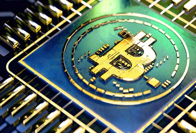 A 3D rendered golden Bitcoin symbol on a green and blue circuit board design.