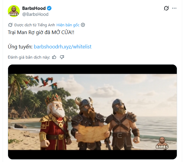 A tweet from BarbsHood (@BarbsHood) announces 'Trai Mạn Rợ giờ đã MỞ CỦA!!' with a whitelist link at barbshoodrh.xyz/whitelist, featuring promotional art of three Viking characters on a beach.