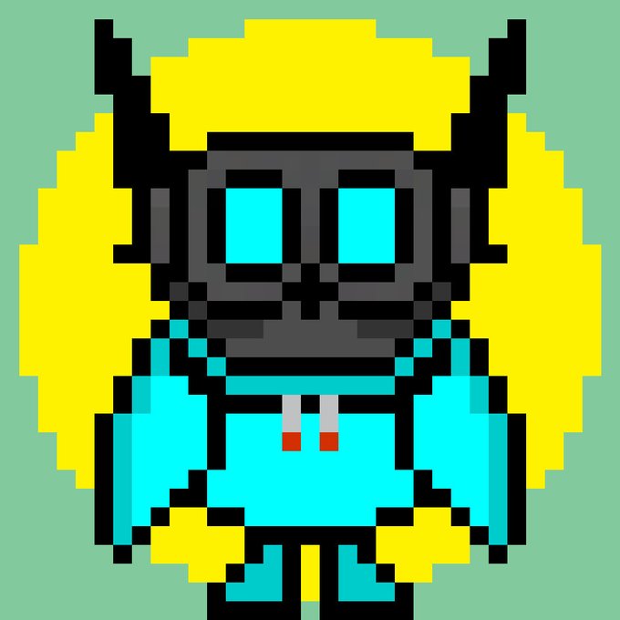 A pixel art character with a dark grey face, glowing cyan eyes, and spiky yellow hair, wearing a cyan outfit against a light green background.