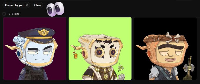 Three NFT-style cartoon characters are displayed in a digital marketplace interface with an 'Owned by you' filter showing 3 ITEMS and two floating cartoon eyes.