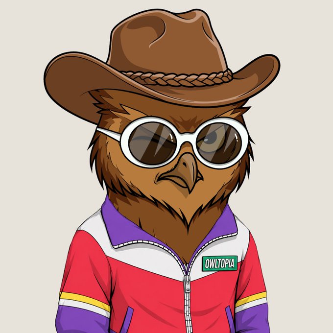 An NFT-style cartoon owl mascot wearing a brown cowboy hat, white round sunglasses, and a red/purple/white jacket featuring an 'OWLTOPIA' badge on the chest.