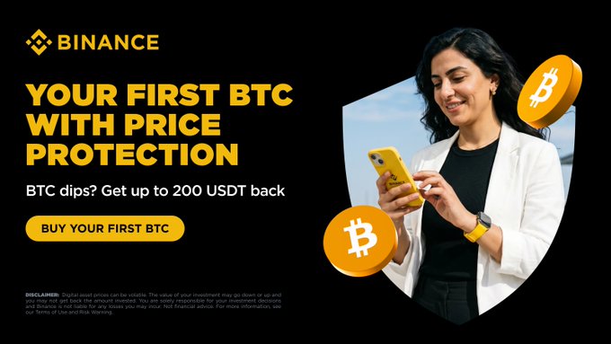 The Binance promotional banner advertises first-time Bitcoin buyers with up to 200 USDT in loss protection if BTC dips within the holding period, featuring a smiling woman on her phone alongside Bitcoin icons and the headline "YOUR FIRST BTC WITH PRICE PROTECTION." The image visually reinforces the campaign's offer of price protection for new BTC buyers, directly aligning with the described incentive to make eligible users whole on losses up to 200 USDT during their initial crypto purchase.