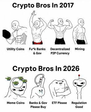A meme comparing 'Crypto Bros In 2017' (Utility Coins, Fu*k Banks & Gov, Decentralized P2P Currency, Mining) with 'Crypto Bros In 2026' (Meme Coins, Banks & Gov Please Buy, ETF Please, Regulation Good).