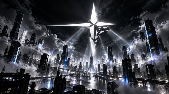 A futuristic cityscape featuring dark skyscrapers, glowing blue lights, and a massive white star-shaped structure radiating beams of light through cloudy skies.