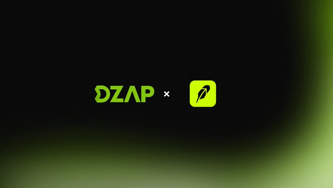Black and green promotional graphic showing a partnership between DZAP and Robinhood (feather logo)