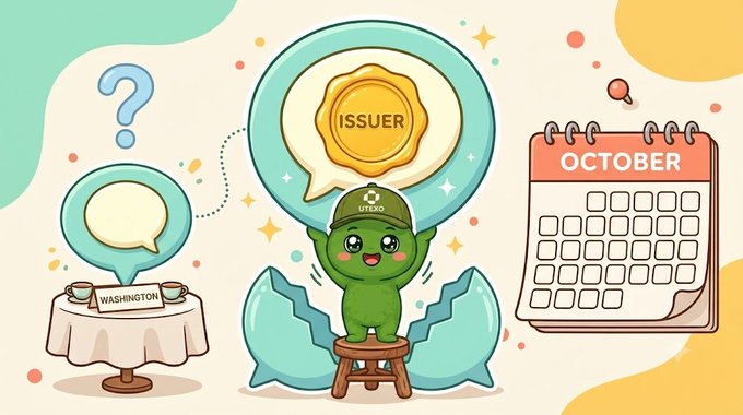 A cute cartoon illustration shows a green mascot character wearing an 'OTAKU' cap holding up an 'ISSUER' speech bubble coin, alongside a 'WASHINGTON' speech bubble and an October calendar.