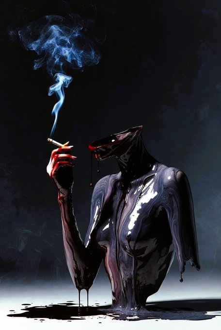 A dark, surreal digital artwork depicting a glossy black figure with a canine-like head smoking a cigarette, with red liquid dripping from its face and pooling beneath.