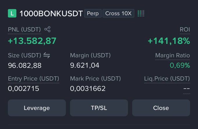 A trading interface screenshot for the BONK/USDT perpetual contract showing a winning long position with a +13,582.87 USDT profit (+141.18% ROI), entry price of 0.002715 and mark price of 0.0031662, illustrating the trader's unrealized gains on the 1000BONK trade they intend to close for profit.