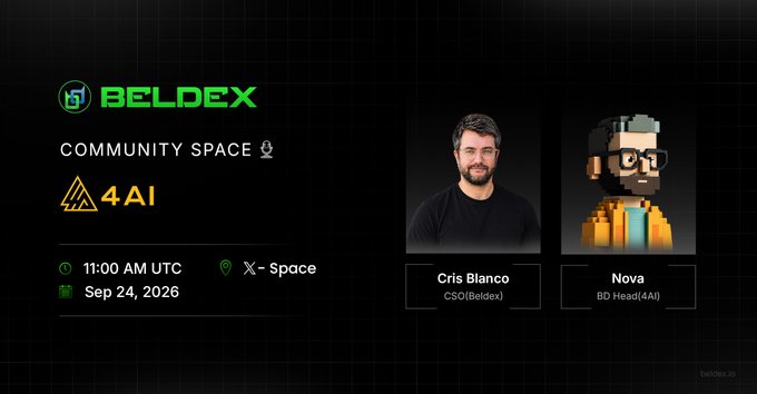 An event graphic for a 'BELDEX COMMUNITY SPACE' X-Space scheduled for 11:00 AM UTC on Sep 24, 2026, featuring Cris Blanco (CSO, Beldex) and the 4AI BD Head 'Nova.'