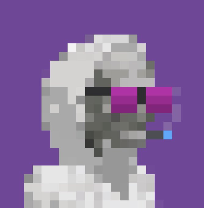 A heavily pixelated profile picture of a figure with grey hair and bright pink rectangular sunglasses, smoking a blue-tipped cigarette against a solid purple background.