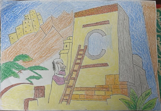 The image features a drawing depicting an old man climbing up a ladder, holding onto a rope that leads him to a tall building with a letter "C" painted on its side. The scene also includes a castle-like structure at the top of the building. The drawing is colored in shades of brown and yellow, creating a warm and inviting atmosphere. The post seems to be promoting Bitcoin DeFi or cryptocurrency, as it mentions that the man is climbing up concrete vaults to support Hashi on Sui Network.