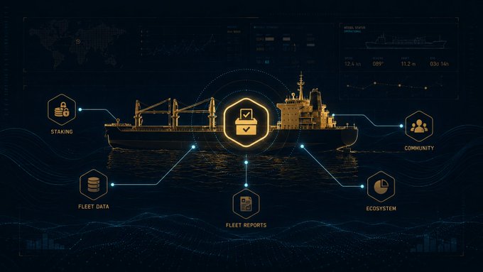 A dark dashboard graphic displays a cargo ship with hexagonal icons labeled 'STAKING', 'FLEET DATA', 'FLEET REPORTS', 'ECOSYSTEM', and 'COMMUNITY' connected to a central lock icon, along with ship status metrics.