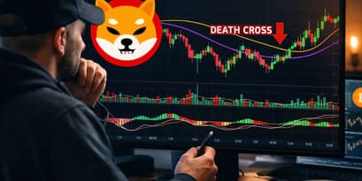 A trader looking thoughtfully at a screen displaying a candlestick chart with a 'DEATH CROSS' technical indicator and a Shiba Inu (SHIB) logo.