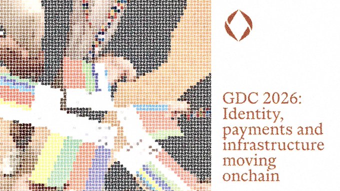 The image is a promotional graphic for "GDC 2026: Identity, payments and infrastructure moving onchain," featuring a pixelated mosaic of figures and a diamond-shaped logo. It visually introduces a recap event where infrastructure questions around digital identity, trust, and interoperability took center stage, as noted in the accompanying post.