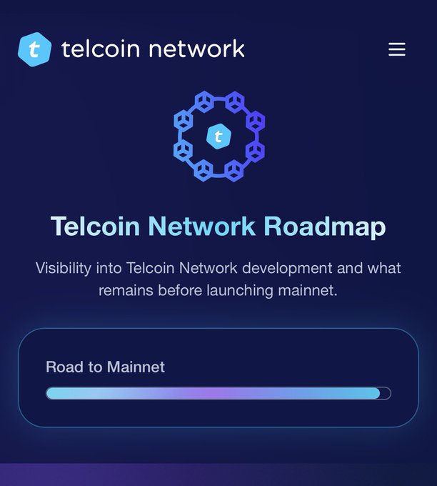 Telcoin Network's roadmap page displays a "Road to Mainnet" progress bar nearly full, supporting the post's claim that Telcoin's launch is imminent. The visual reinforces the message that $TEL, which has secured partnerships with banks, central banks, and telecoms, is on the verge of its "curtain opening" moment following QNT's 5-year breakout.