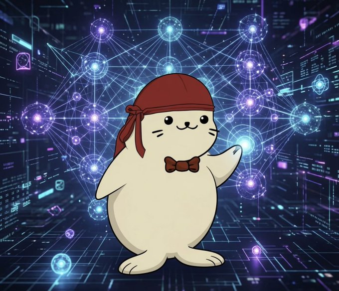 A cartoon illustration of a white seal-like character wearing a red bandana, a bow tie, and standing against a futuristic, neon-lit background of connected digital nodes.