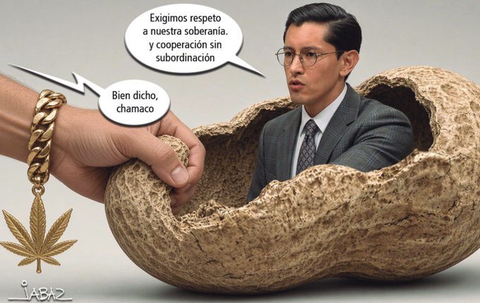 A political illustration by Jabaz shows a man in a suit emerging from a cracked open walnut shell, with a speech bubble saying 'Exigimos respeto a nuestra soberanía, y cooperación sin subordinación' and another caption reading 'Bien dicho, chamaco.' A gold chain with a marijuana leaf charm hangs in the foreground.