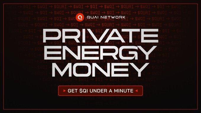 A digital advertisement banner displays the text 'PRIVATE ENERGY MONEY' with 'QUAI NETWORK' logo above and a call-to-action button reading 'GET $QI UNDER A MINUTE' against a red background pattern.