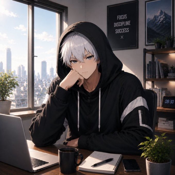 An anime-style illustration of a white-haired young man wearing a black hoodie, sitting at a desk with a laptop and a notebook, with a poster reading 'FOCUS DISCIPLINE SUCCESS X' on the wall behind him.