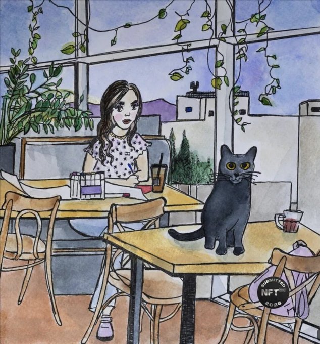 A watercolor illustration of a young woman with long hair sitting at a café table next to a black cat, with a 'Submitted NFT 2020' badge in the corner.