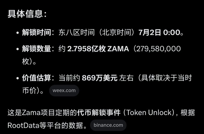 The image displays Chinese-language information about a scheduled Zama token unlock event, specifying that approximately 279,580,000 ZAMA tokens (worth around $8.69 million) will unlock on July 2nd at 0:00 Beijing time, according to RootData. The details support the post's concern about Zama's upcoming large token unlock and its potential market impact.