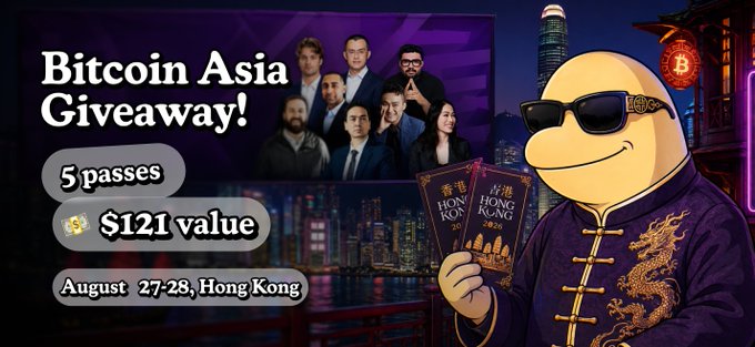 A promotional graphic for a 'Bitcoin Asia Giveaway!' offering 5 passes worth $121 for the event on 'August 27-28, Hong Kong', featuring a monkey mascot holding 'Hong Kong' tickets in a traditional Chinese jacket.