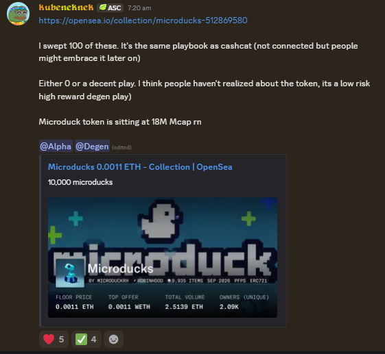 A Discord or social media message from user 'kubenciknek' discussing a sweep of 100 'Microducks' NFTs (OpenSea collection), comparing it to cashcat and noting the Microduck token is at 18M market cap.