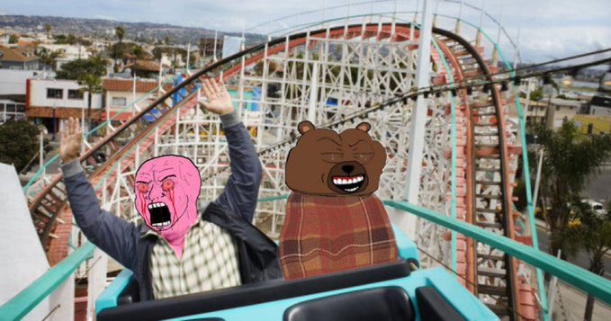 A meme image showing two people on a roller coaster with Wojak-style rage faces edited onto them, screaming with raised arms against a coastal backdrop.
