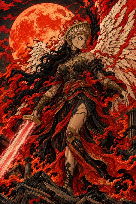 An illustration of a winged warrior woman with a crown wielding a glowing sword against a red moon, surrounded by swirling red flames.