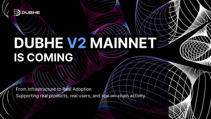 A sleek dark promotional graphic featuring abstract wireframe sphere designs announces "DUBHE V2 MAINNET IS COMING," with the tagline "From Infrastructure to Real Adoption - Supporting real products, real users, and real on-chain activity," visually reinforcing the post's message about transitioning Dubhe from development to real-world blockchain usage.