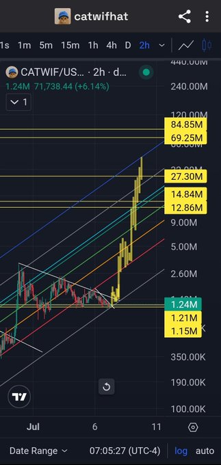 A TradingView chart of CATWIF/USDT on a 2-hour timeframe shows the token up 6.14% with a market cap of 1.24M, accompanied by a series of yellow Fib extension targets ranging from 1.15M to 120.85M indicating projected upside levels. The post suggests holding through near-term consolidation as the token begins breaking out, with the chart's steep upward momentum supporting the claim that the move is still early in its cycle.