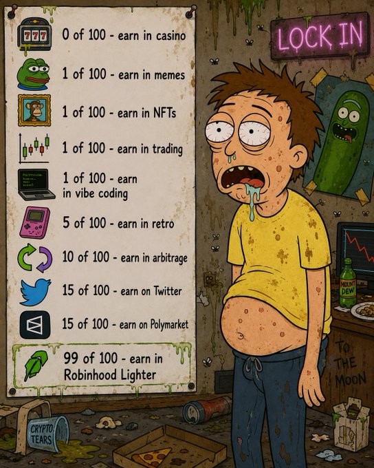 A cartoon image depicts a disheveled, drooling man standing next to a chart titled "LOCK IN" that ranks money-making methods by rarity, showing 0/100 for casino, 1/100 for memes, NFTs, trading, and vibe coding, 5/100 for retro, 10/100 for arbitrage, 15/100 for Twitter and Polymarket, and 99/100 for "Robinhood Lighter," emphasizing that almost everyone reportedly earns money on the platform. The scene is surrounded by crypto-themed clutter like a "Crypto Tears" mailbox, a "To The Moon" box, and a Mountain Dew bottle, satirizing speculative investing culture.