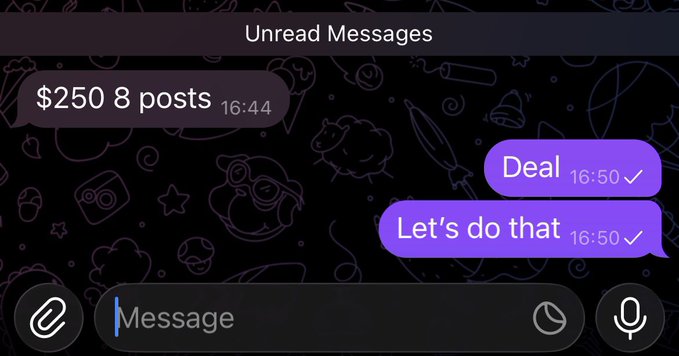 The image shows a messaging app screenshot with an "Unread Messages" header, where one user offered "$250 8 posts" at 16:44 and the other replied "Deal" and "Let's do that" at 16:50, confirming the transaction terms outlined in the post about paid promotional work for the $SUNUSI project.