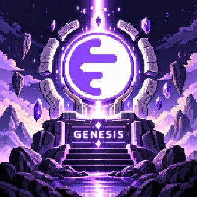 A pixel-art style image featuring a glowing purple portal with a large stylized "E" symbol, flanked by floating crystals and stone pillars, with stairs leading up to a platform marked "GENESIS." The cosmic, mystical aesthetic reinforces the post's promotion of the $INKSIGIL Genesis project giveaway.