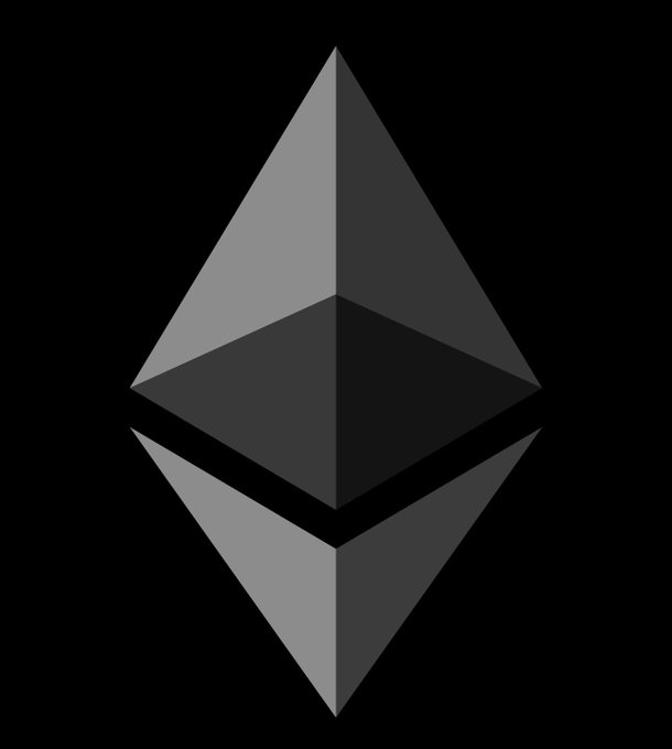 The Ethereum (ETH) cryptocurrency logo displayed as a gray geometric diamond shape on a black background.