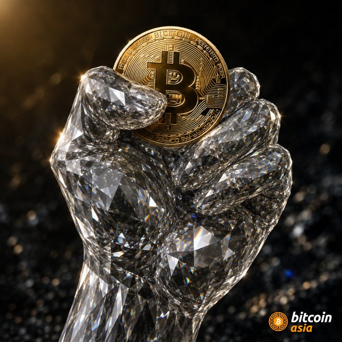 The image features a hand holding a gold coin, which appears to be made of glass or crystal material. The background of the image is black with some white text visible at the bottom that reads "LIKE IF YOU ARE HODLING THROUGH THIS #BITCOIN DIP". This suggests that there might be an advertisement for Bitcoin or related products and services in the image, possibly promoting a new product or service related to Bitcoin.