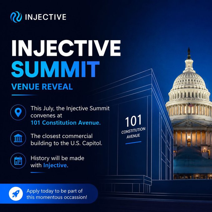 The image features an advertisement for the Injective Summit that takes place this July. The main focus of the ad is a building with the U.S. Capitol in the background, which serves as a symbol of the event's location. The text on the ad highlights the importance of the summit and its connection to the U.S. Capitol. It also mentions that the summit will be held at 101 Constitution Avenue, emphasizing the venue's significance. The image includes a small rocket icon, suggesting that the summit is an exciting and innovative gathering for discussions around on-chain finance and the future of markets.
